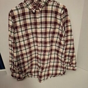 Barbour Modern Fit Plaid Flannel Button Down Shirt Burgundy Cotton Womens US 14